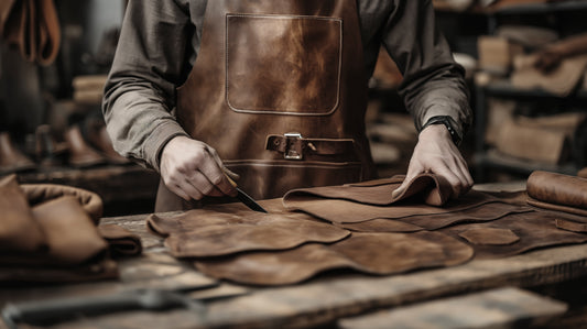 Sattler bei der Handarbeit an einem Lederstück in einer Werkstatt mit traditionellen Werkzeugen.