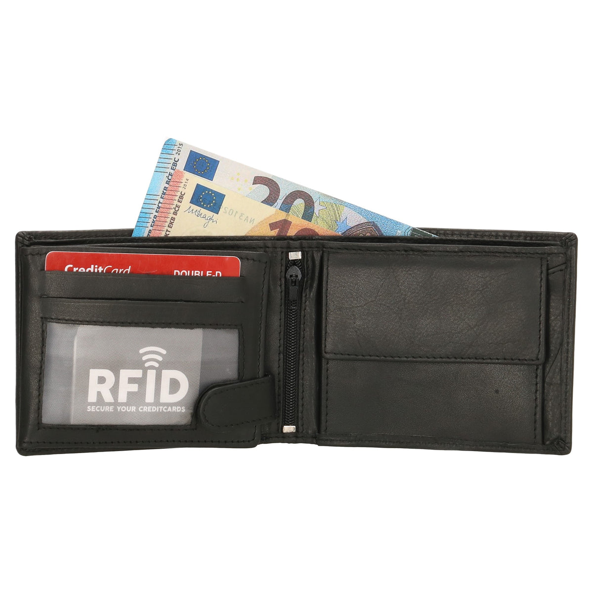 Geldbörse Querformat 12 x 9,5cm in Schwarz mit extra Kartenklappe - leder-accessoires.com