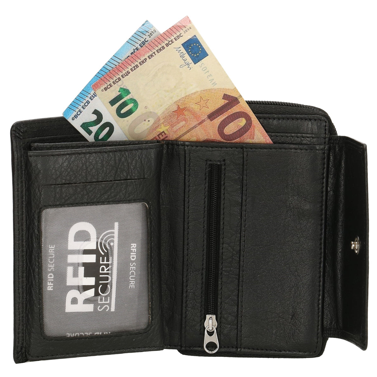 Lederbörse 13x9cm mit Überschlag in Schwarz und RFID-Schutz - leder-accessoires.com