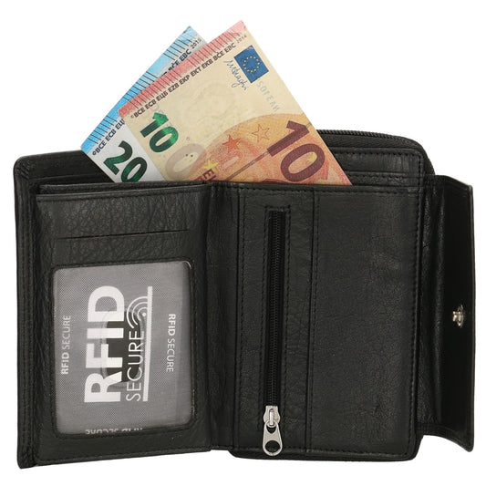 Lederbörse 13x9cm mit Überschlag in Schwarz und RFID-Schutz - leder-accessoires.com