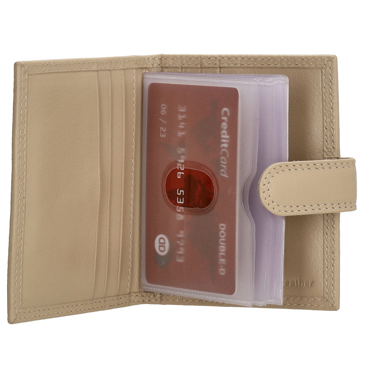 Kartenetui| Safty Wallet 8x10cm in Helltaupe mit Druckknopf - leder-accessoires.com
