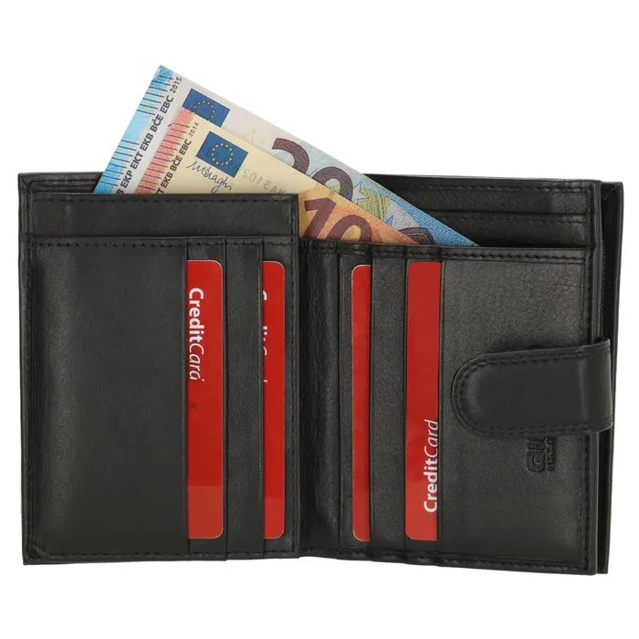 Geldbörse Hochformat 9,5 x 12cm in Schwarz aus Leder mit Riegel - leder-accessoires.com
