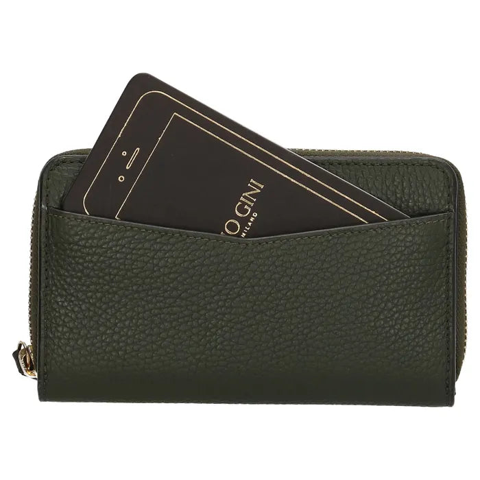 Lederbörse 16x10,5cm in Oliv mit Reißverschluss- und Druckknopffach - leder-accessoires.com