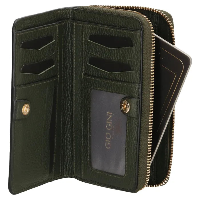 Lederbörse 16x10,5cm in Oliv mit Reißverschluss- und Druckknopffach - leder-accessoires.com