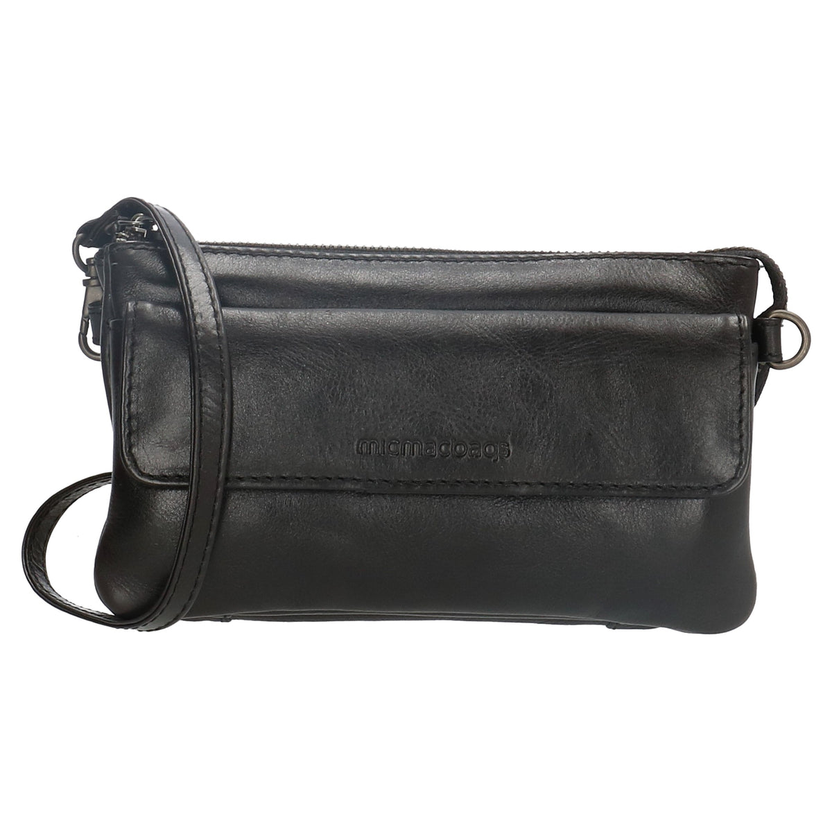 Umhängetasche| Mini Bag 20,5 x 12cm in Schwarz aus Leder mit Vortasche - leder-accessoires.com