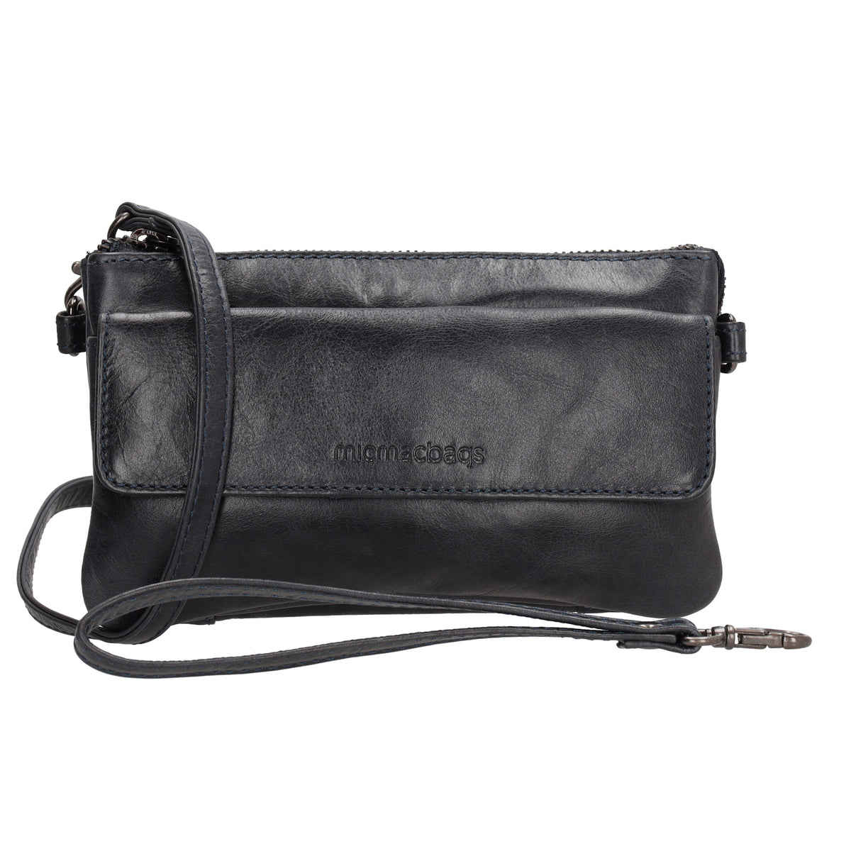 Umhängetasche| Mini Bag 20,5 x 12cm in Dunkelblau aus Leder mit Vortasche - leder-accessoires.com