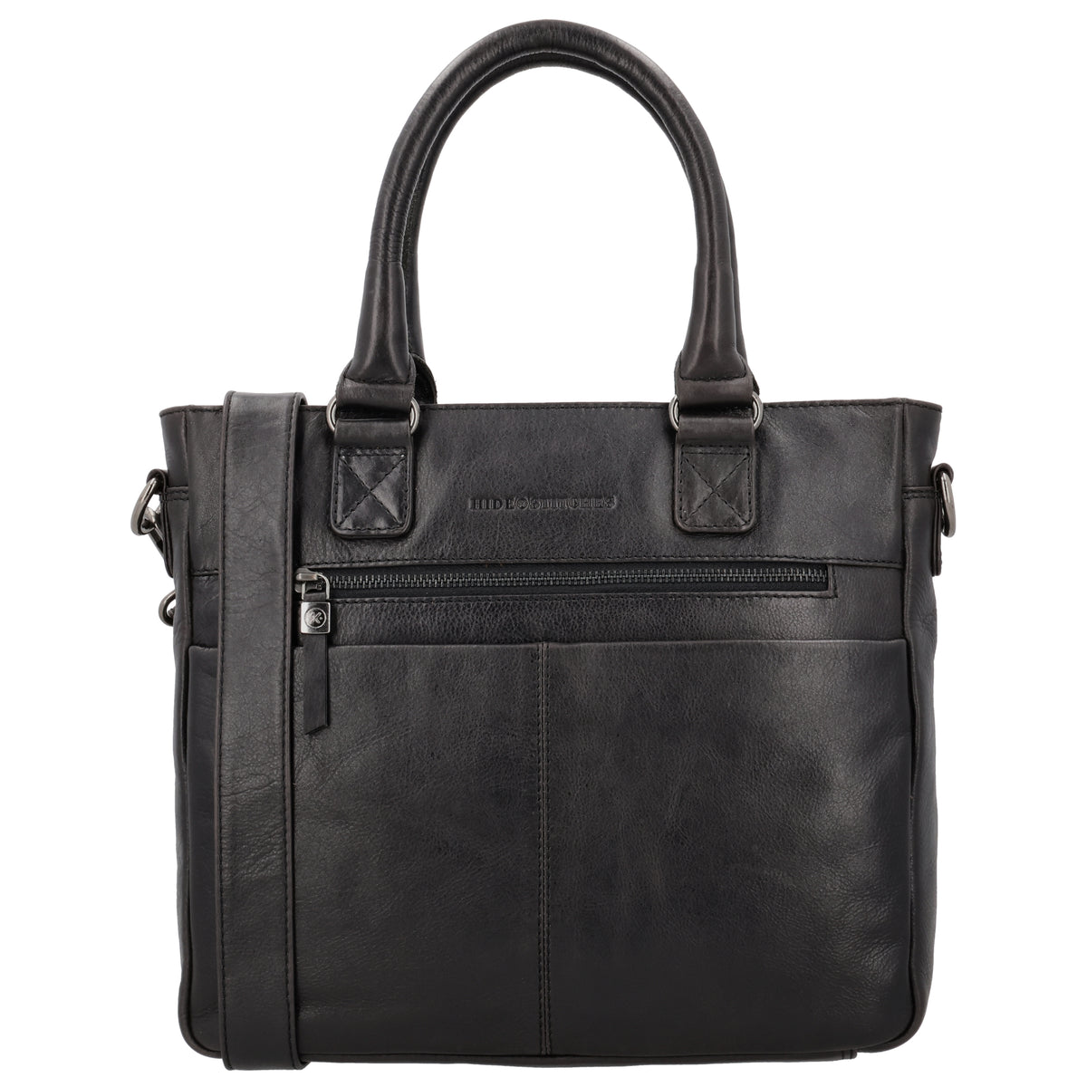 Schwarze Ledertasche 33,5x28cm aus Echtleder mit Kurzgriff & Umhängeriemen - leder-accessoires.com