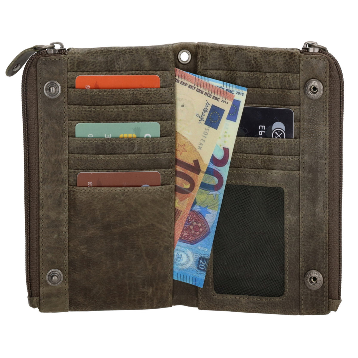 Lederbörse 16,5x9cm mit Reißverschluss in Oliv und RFID-Schutz - leder-accessoires.com
