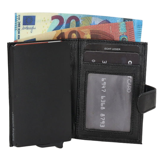 Kartenetui| Safty Wallet 7x10cm in Schwarz mit Druckknopf - leder-accessoires.com