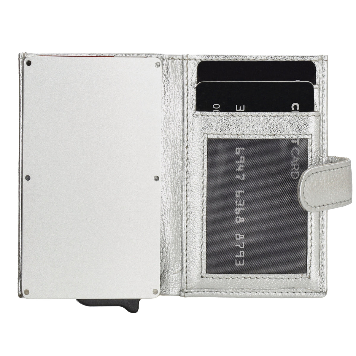Kartenetui| Safty Wallet 7x10cm in Silber mit Druckknopf - leder-accessoires.com
