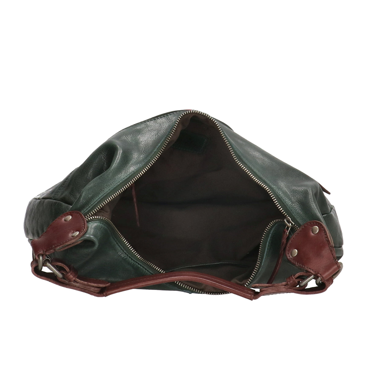 Beuteltasche 40 x 31cm in Smaragdgrün|Braun mit Reißverschluss - leder-accessoires.com