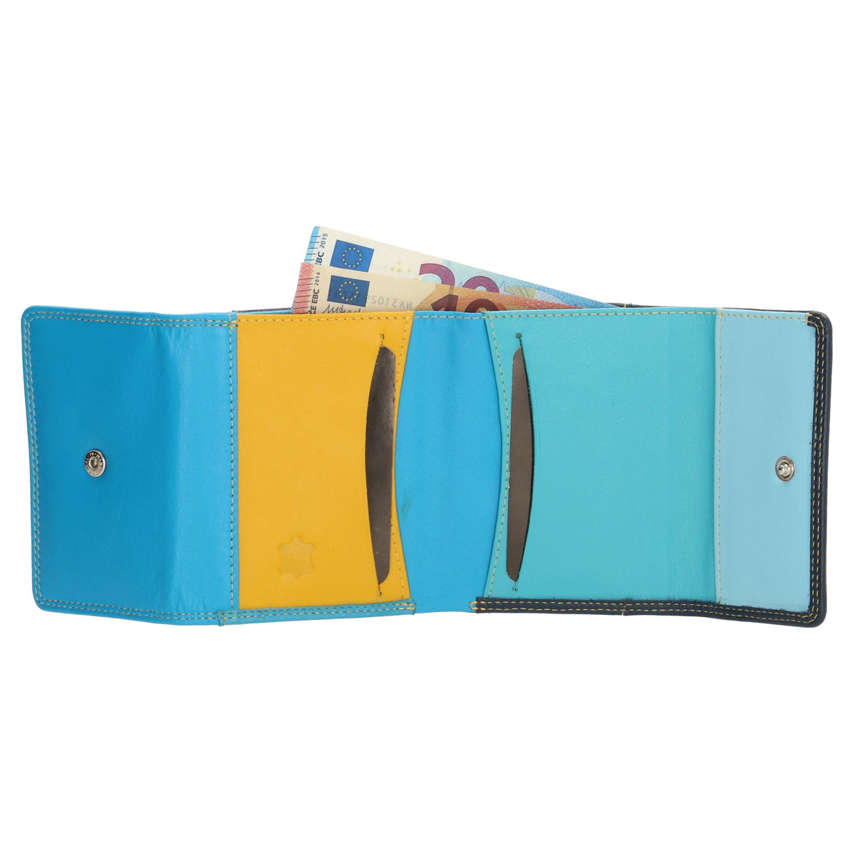 Lederbörse bunt 10,5x8,5cm in Blau mit Überschlag und RFID-Schutz - leder-accessoires.com
