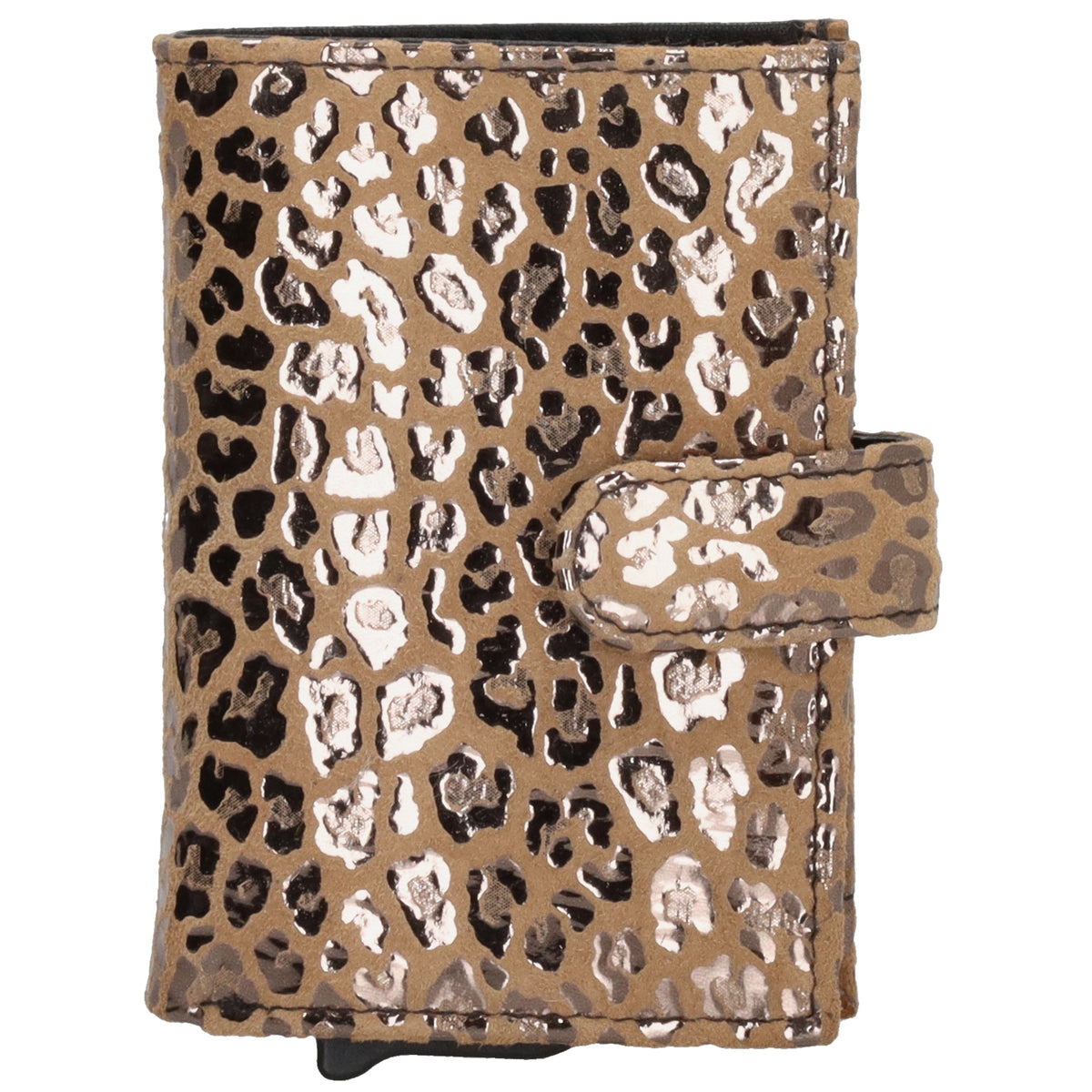 Kartenetui| Safty Wallet 7x10cm in Leo-Optik Beige-Metallic mit Druckknopf - leder-accessoires.com