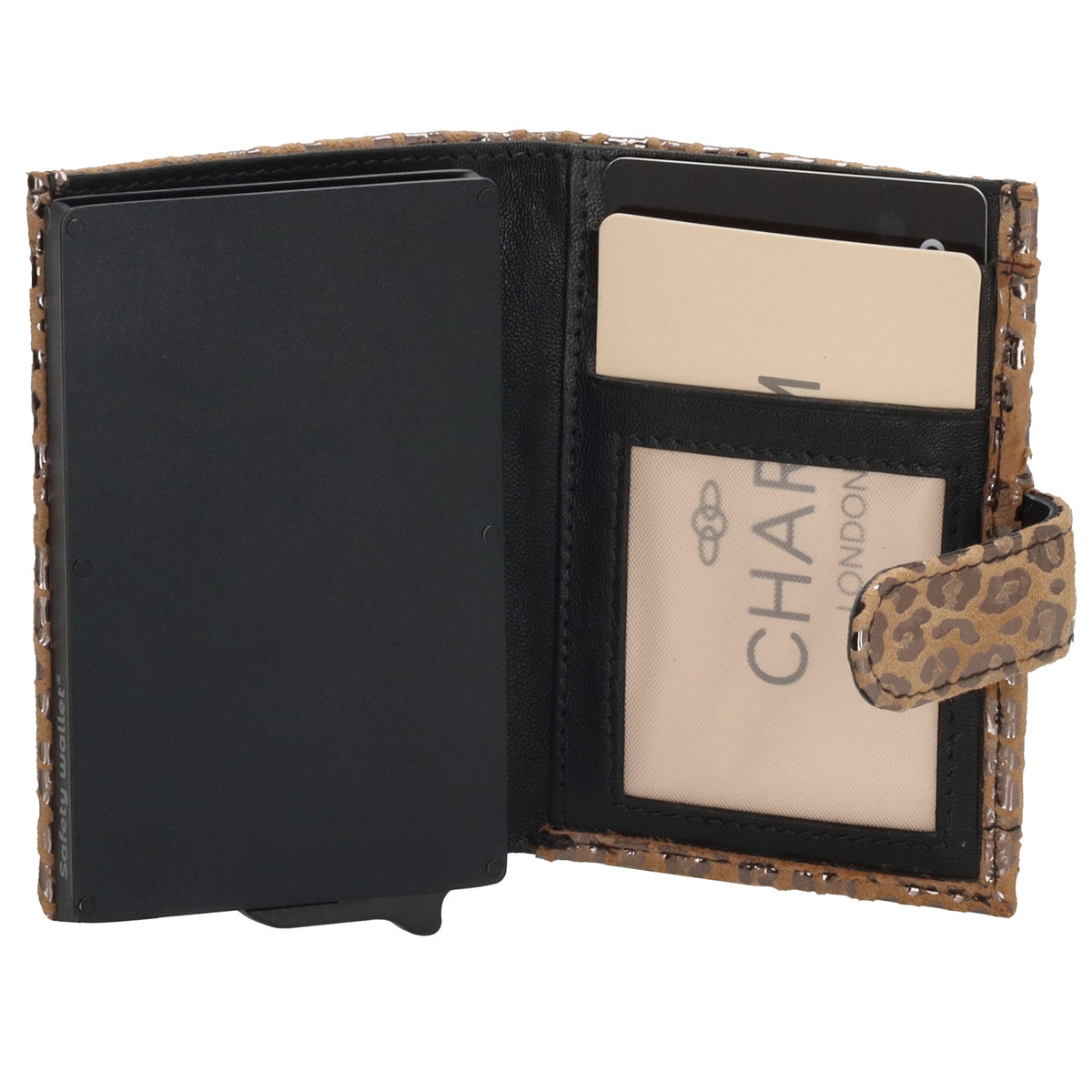 Kartenetui| Safty Wallet 7x10cm in Leo-Optik Beige-Metallic mit Druckknopf - leder-accessoires.com