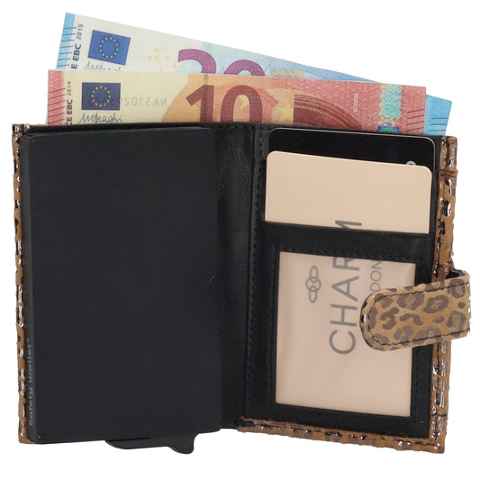 Kartenetui| Safty Wallet 7x10cm in Leo-Optik Beige-Metallic mit Druckknopf - leder-accessoires.com
