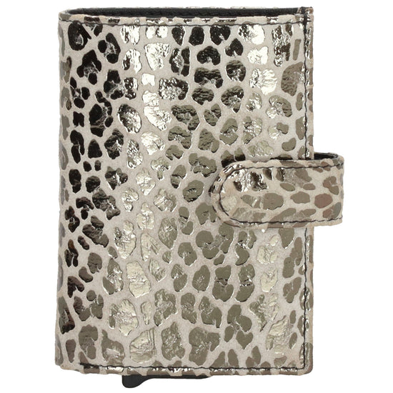 Kartenetui| Safty Wallet 7x10cm in Leo-Optik Weiß-Metallic mit Druckknopf - leder-accessoires.com