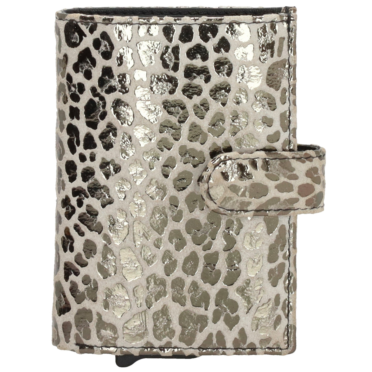 Kartenetui| Safty Wallet 7x10cm in Leo-Optik Weiß-Metallic mit Druckknopf - leder-accessoires.com