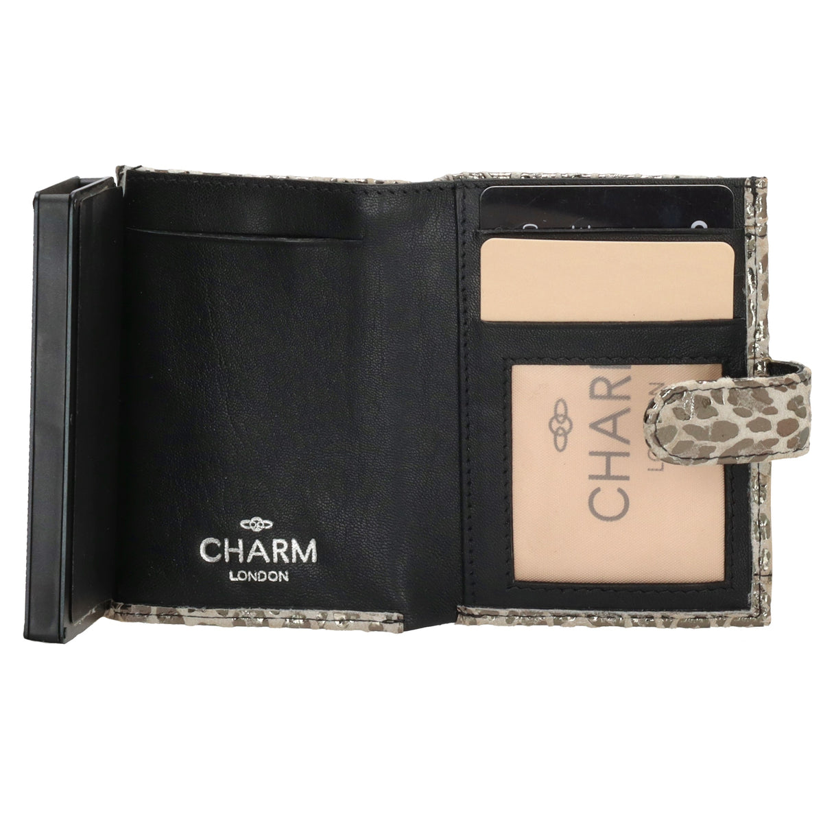 Kartenetui| Safty Wallet 7x10cm in Leo-Optik Weiß-Metallic mit Druckknopf - leder-accessoires.com