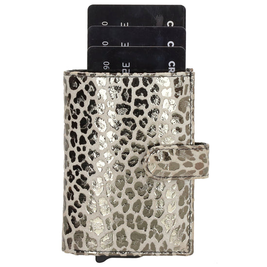 Kartenetui| Safty Wallet 7x10cm in Leo-Optik Weiß-Metallic mit Druckknopf - leder-accessoires.com