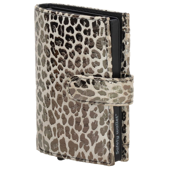 Kartenetui| Safty Wallet 7x10cm in Leo-Optik Weiß-Metallic mit Druckknopf - leder-accessoires.com