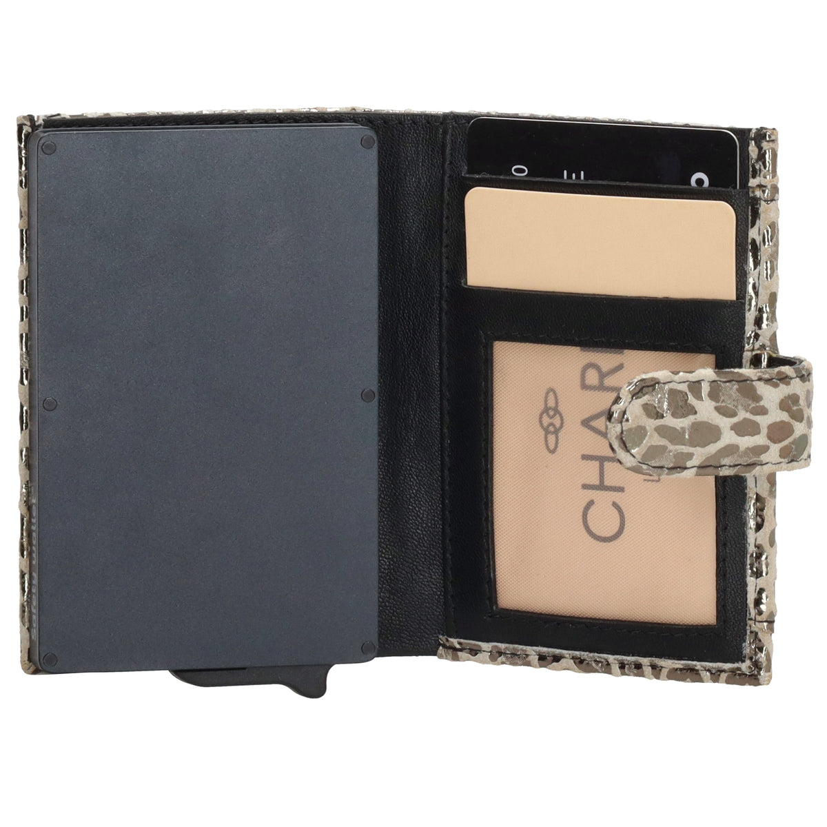 Kartenetui| Safty Wallet 7x10cm in Leo-Optik Weiß-Metallic mit Druckknopf - leder-accessoires.com