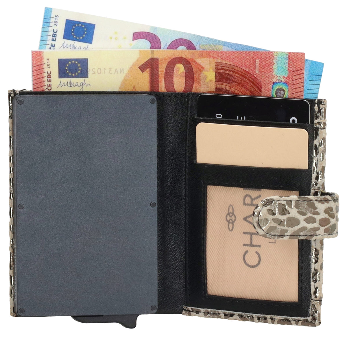 Kartenetui| Safty Wallet 7x10cm in Leo-Optik Weiß-Metallic mit Druckknopf - leder-accessoires.com
