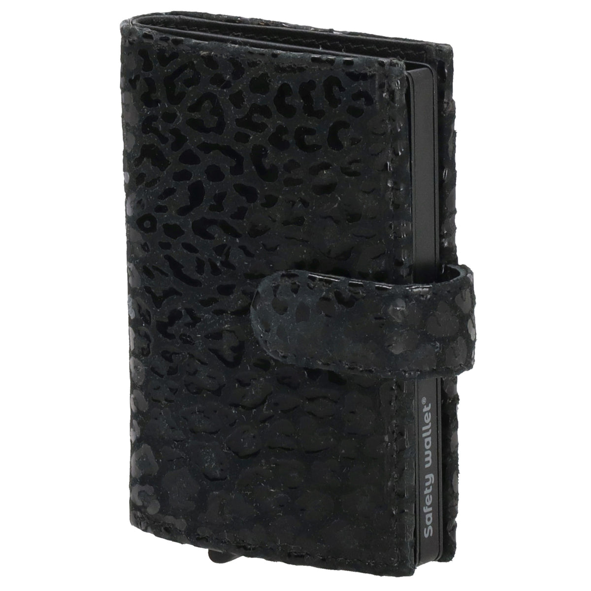 Kartenetui| Safty Wallet 7x10cm in Leo-Optik Schwarz-Metallic mit Druckknopf - leder-accessoires.com