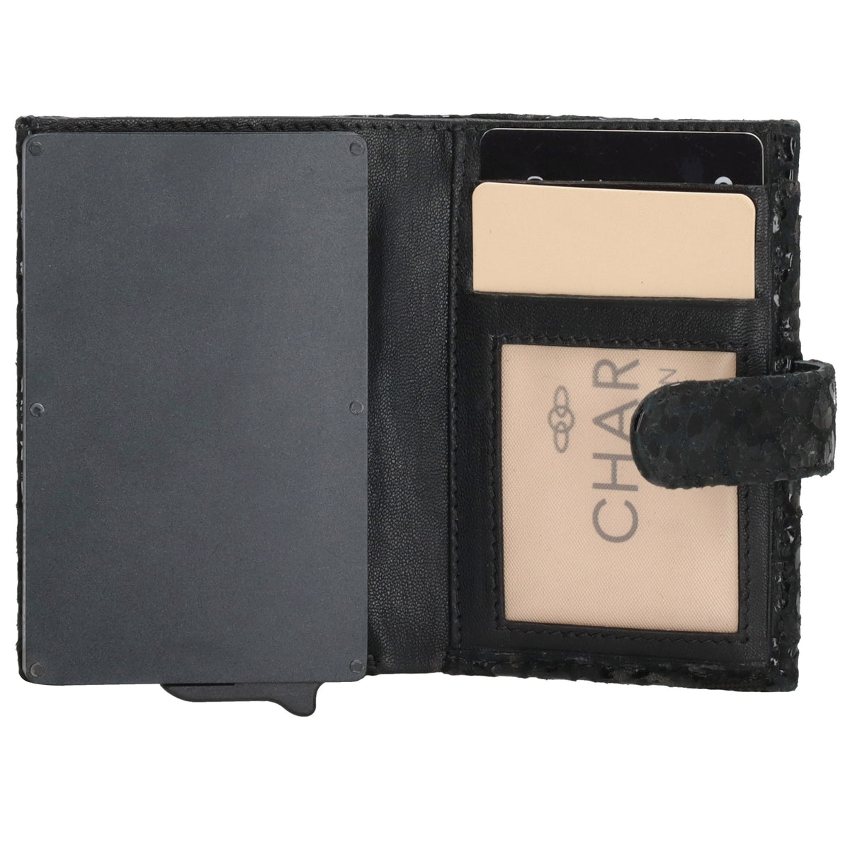 Kartenetui| Safty Wallet 7x10cm in Leo-Optik Schwarz-Metallic mit Druckknopf - leder-accessoires.com