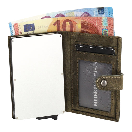 Kartenetui 8x10cm Olivgrün mit Scheinfach und Schutz - leder-accessoires.com