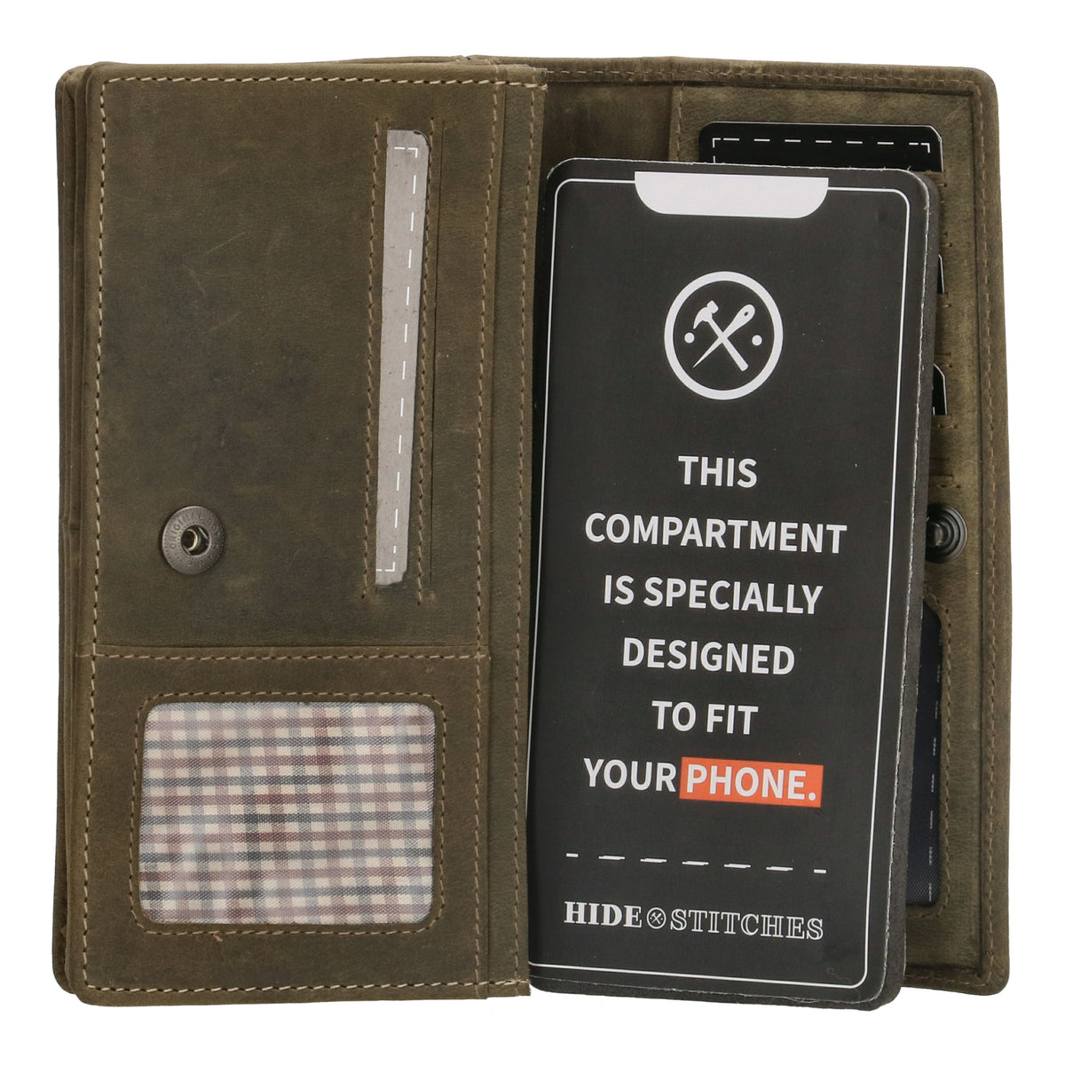 Lederbörse|Handyfähig 15,5x9cm in Oliv mit Überschlag und RFID-Schutz - leder-accessoires.com