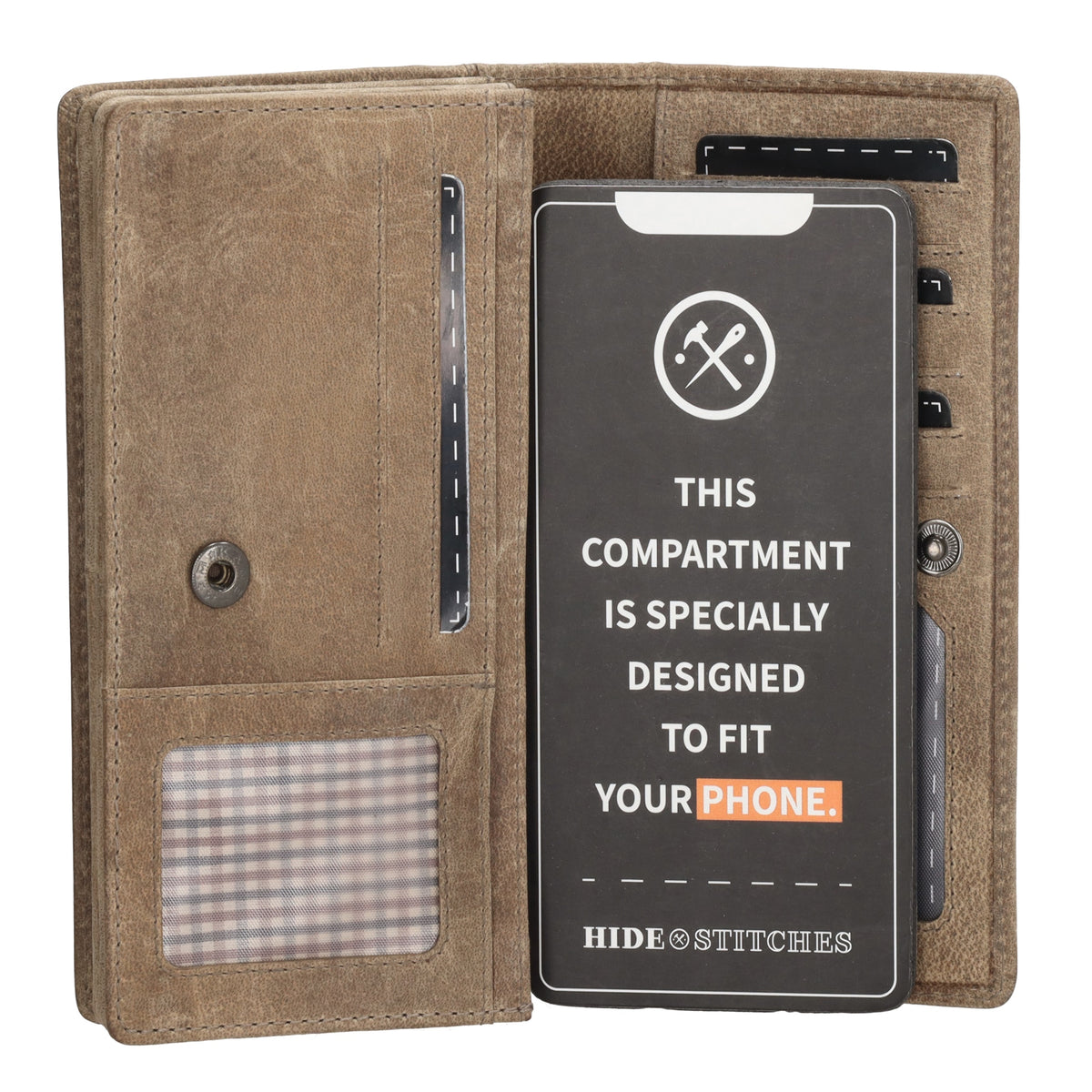 Lederbörse|Handyfähig 15,5x9cm in Taupe mit Überschlag und RFID-Schutz - leder-accessoires.com