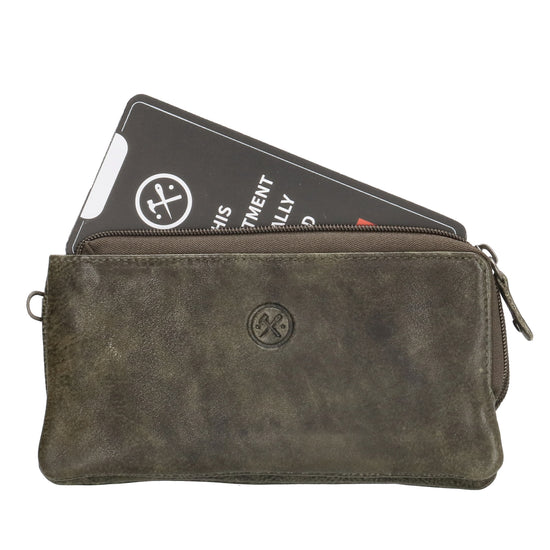Lederbörse|Handyfähig 18,5x9cm in Oliv mit Reißverschluss und RFID-Schutz - leder-accessoires.com