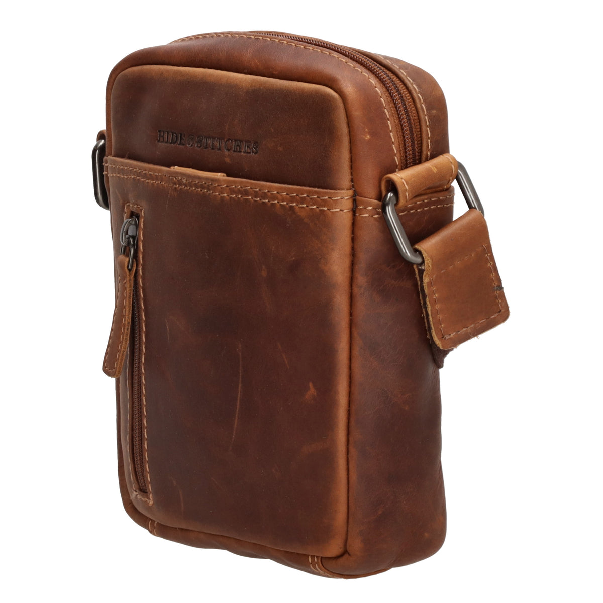 Schultertasche|Cross over 18x14,5cm in Cognac aus Leder mit Reißverschluss - leder-accessoires.com