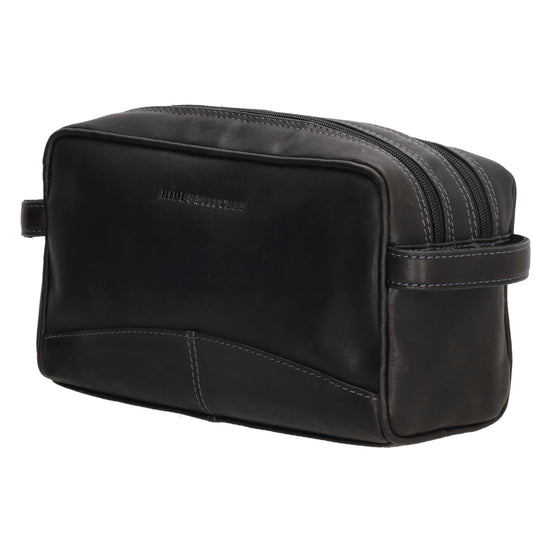 Kulturtasche 25x15cm in Schwarz aus Leder mit zwei Fächern - leder-accessoires.com