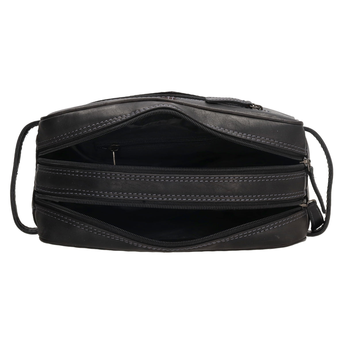 Kulturtasche 25x15cm in Schwarz aus Leder mit zwei Fächern - leder-accessoires.com