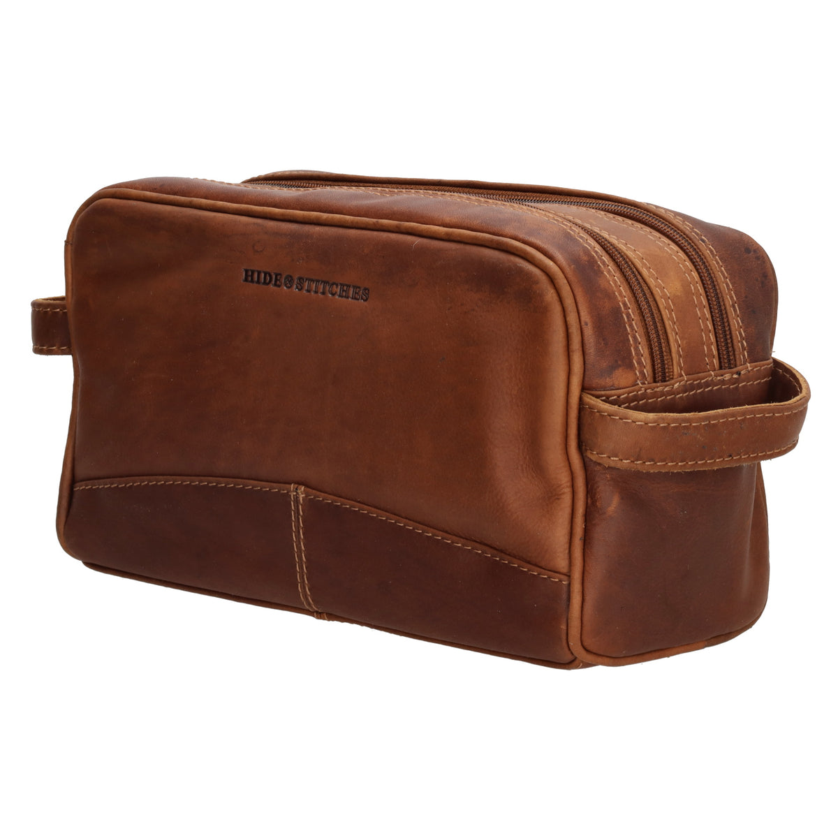 Kulturtasche 25x15cm in Cognac aus Leder mit zwei Fächern - leder-accessoires.com