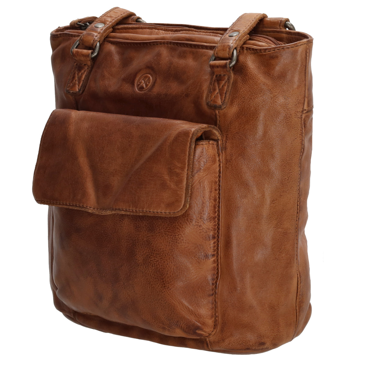 Ledershopper-| Rucksack 23 x 26,5cm in Cognac mit Reißverschluss und Vortasche - leder-accessoires.com
