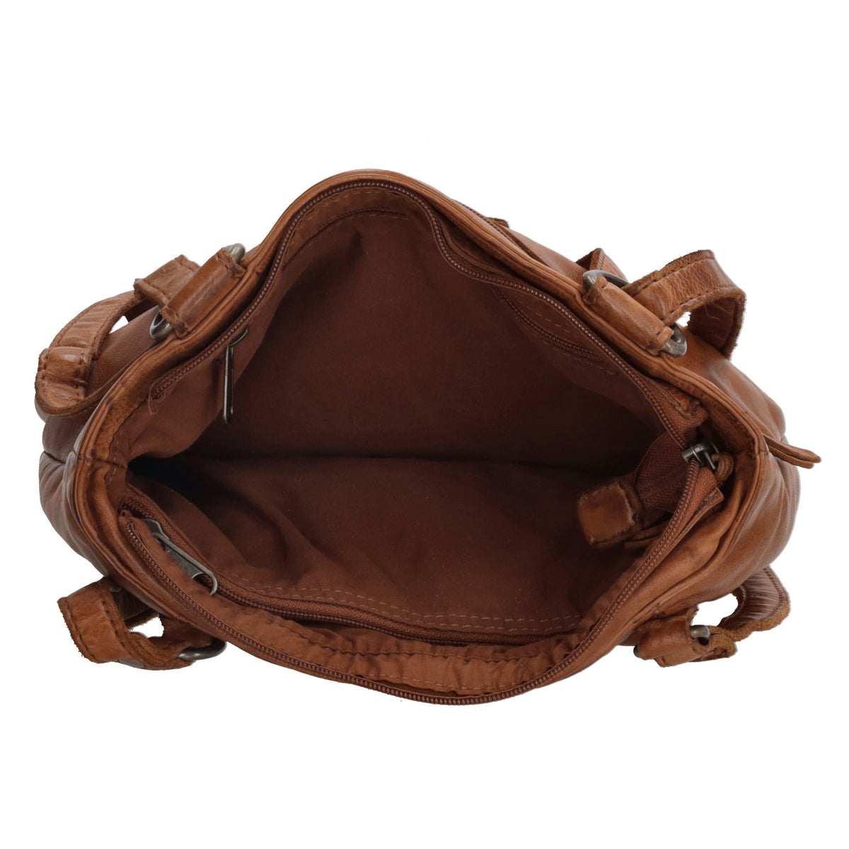Ledershopper-| Rucksack 23 x 26,5cm in Cognac mit Reißverschluss und Vortasche - leder-accessoires.com