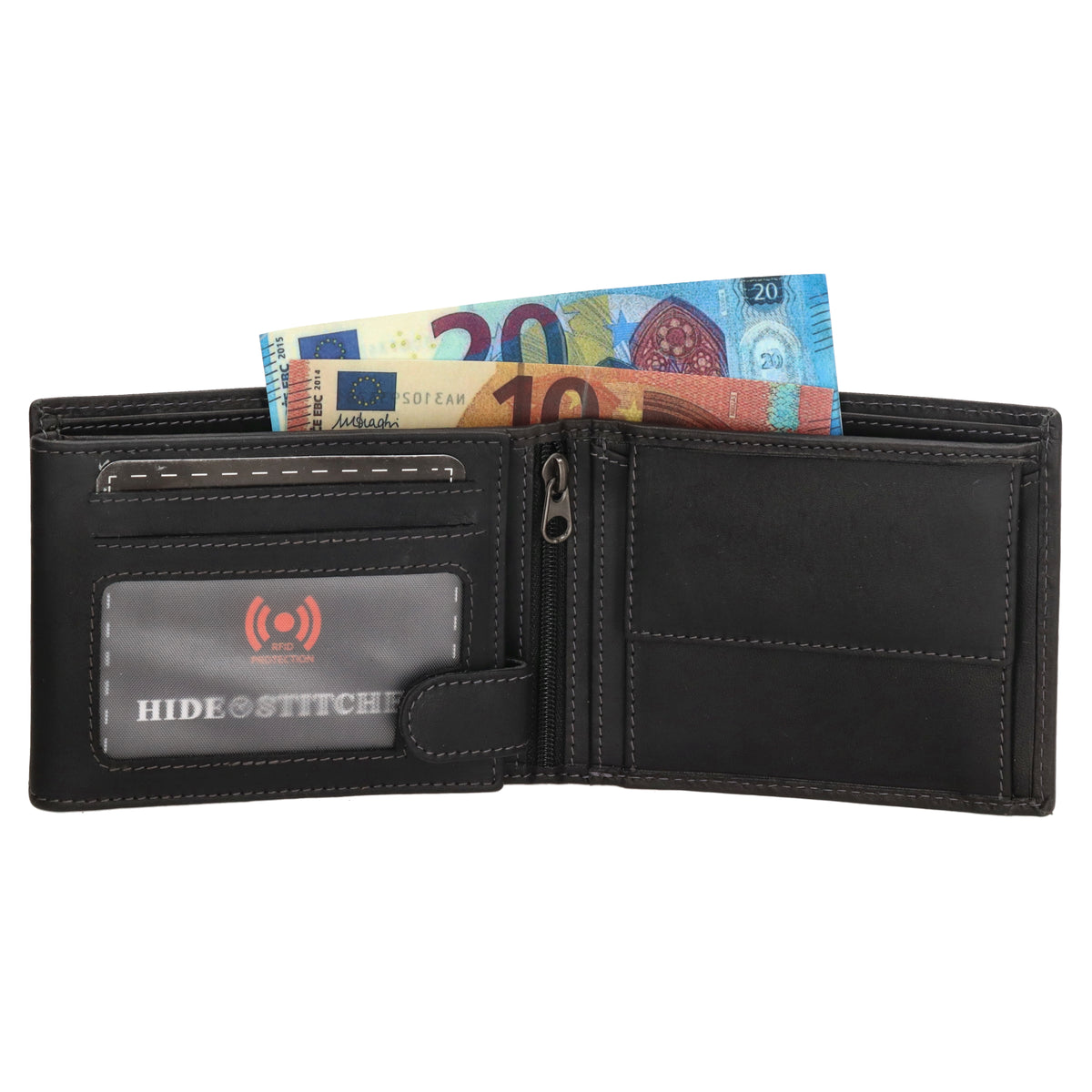 Geldbörse Querformat 9x11,5cm in Schwarz mit Riegel innen aus Leder - leder-accessoires.com