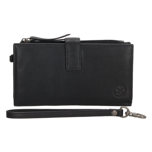 Lederbörse 18,5x10cm mit Handyfach in Schwarz und Riegel - leder-accessoires.com