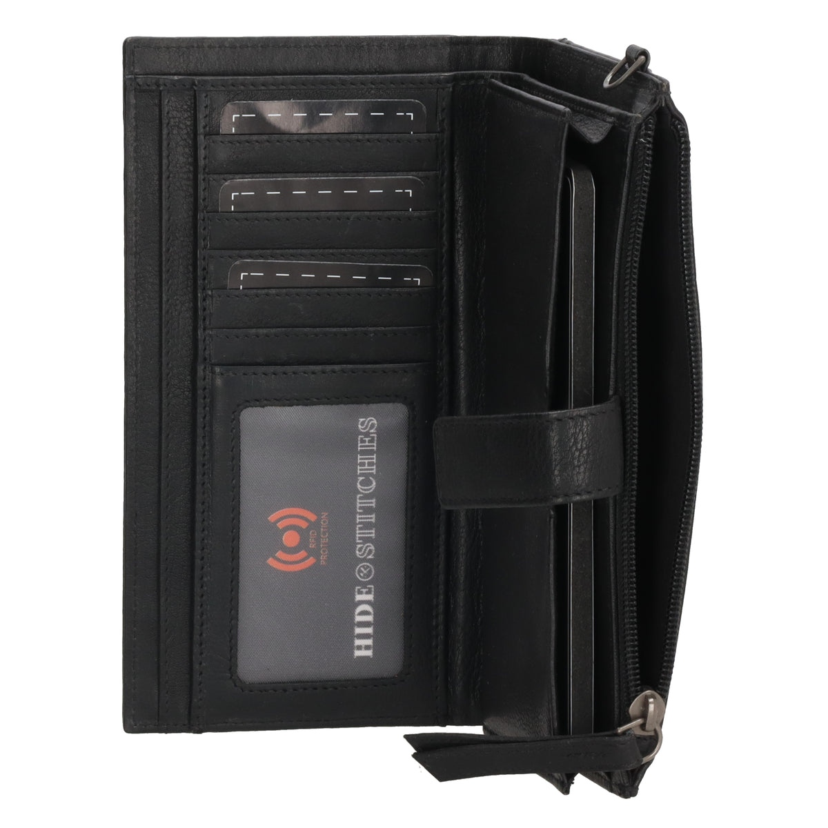 Lederbörse 18,5x10cm mit Handyfach in Schwarz und Riegel - leder-accessoires.com