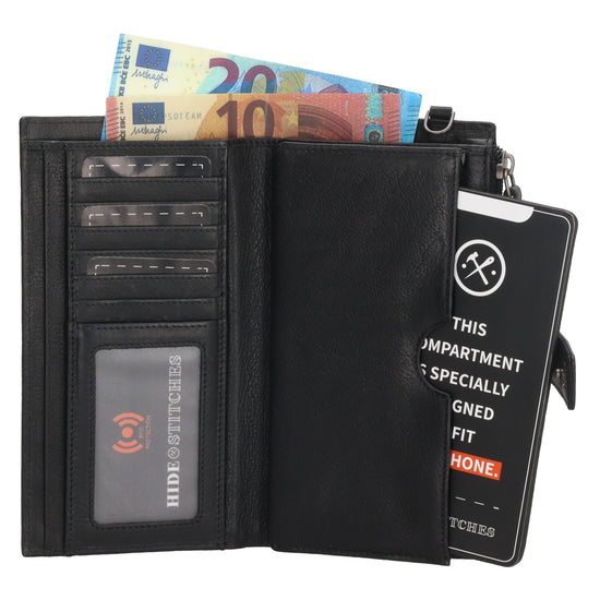 Lederbörse 18,5x10cm mit Handyfach in Schwarz und Riegel - leder-accessoires.com
