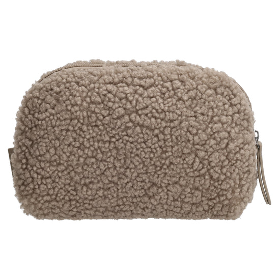 Schmuck-| Kulturtasche 26 x 6,5cm in Taupe aus Teddyfell - leder-accessoires.com