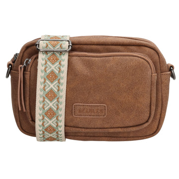 Umhängetasche 18x12cm Cognac mit Vortasche in Lederoptik - leder-accessoires.com