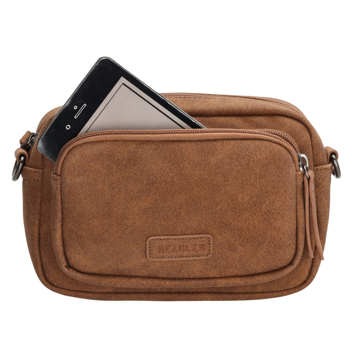 Umhängetasche 18x12cm Cognac mit Vortasche in Lederoptik - leder-accessoires.com