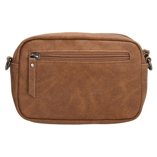 Umhängetasche 18x12cm Cognac mit Vortasche in Lederoptik - leder-accessoires.com