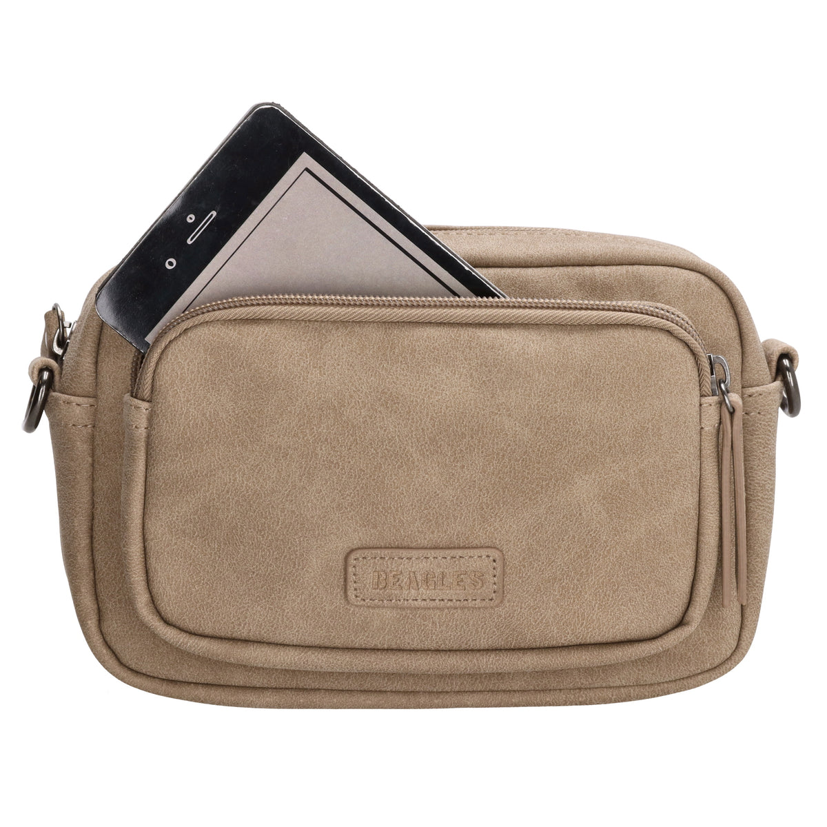 Umhängetasche 18x12cm Taupe mit Vortasche in Lederoptik - leder-accessoires.com