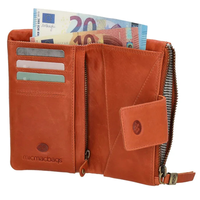 Lederbörse 15x9cm in Orange mit Druckknopf und Reißverschlussfach - leder-accessoires.com