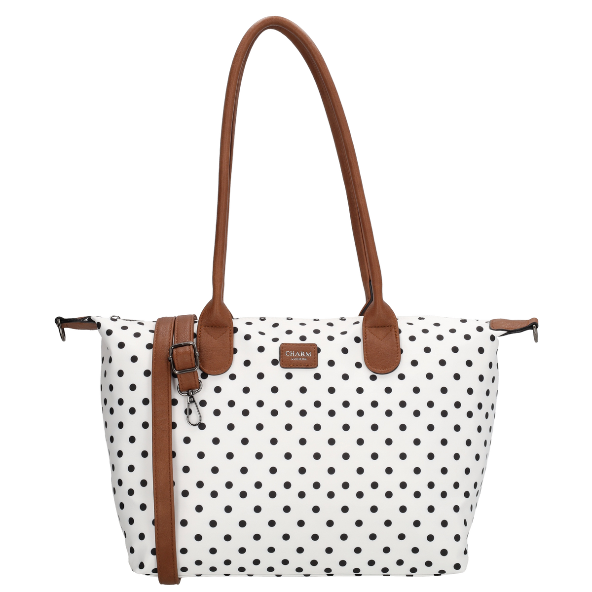 Schultertasche 42x25cm in Weiß | Punkte Schwarz aus Nylon - leder-accessoires.com