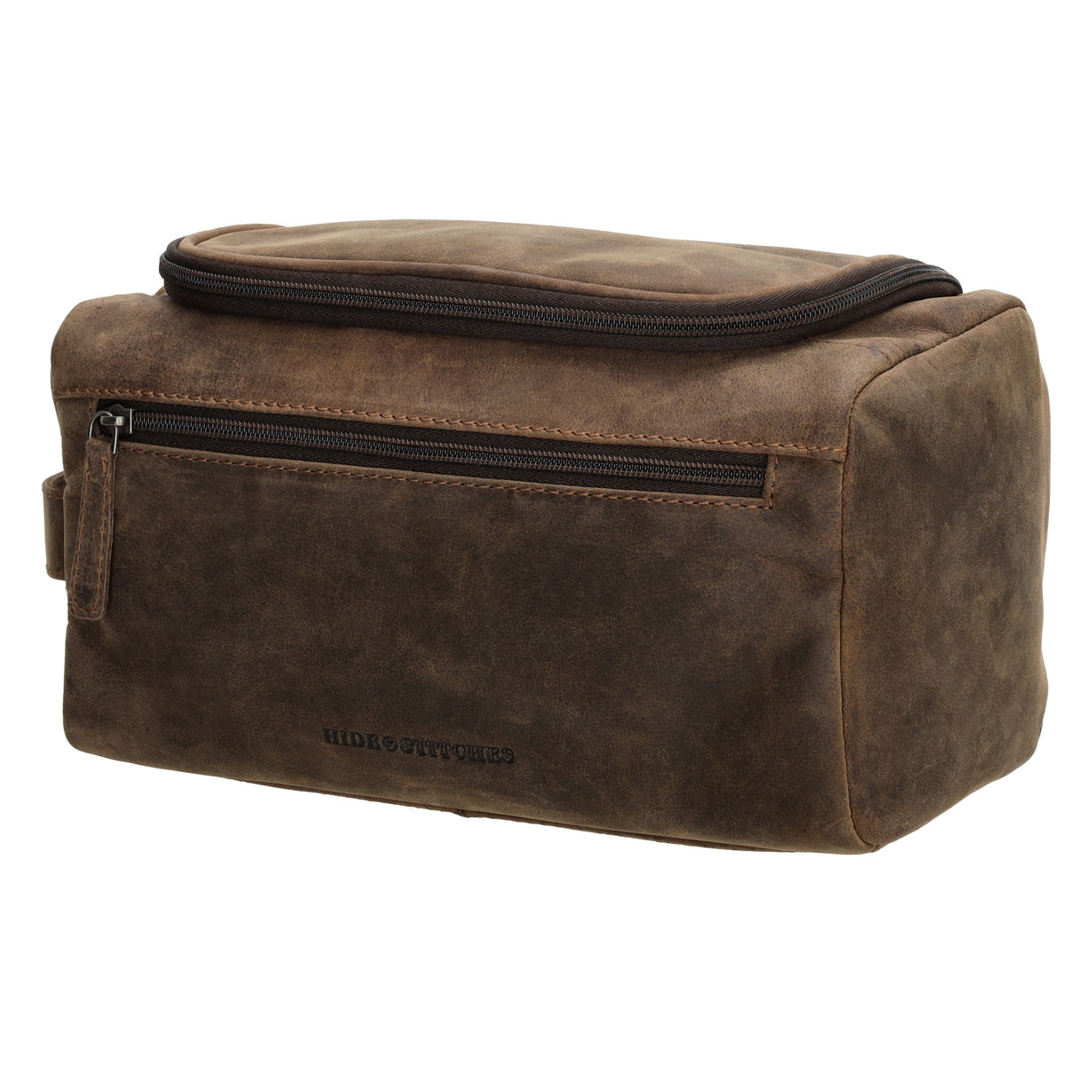 Kulturtasche 26x14,5cm in Dunkelbraun aus Leder zum Hängen - leder-accessoires.com